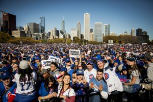 Fans celebrate at the Chicago Cubs World Series rally in Grant Park, Friday morning, Nov. 4, 2016, 2016. | Ashlee Rezin/Sun-Times